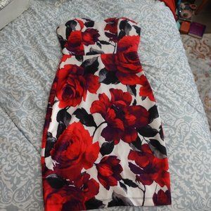Strapless Red Floral Dress (Midi)